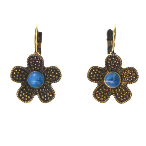 Gold-Tone & Blue Colored Metal Dangle-Earrings With Stone Accents #LQE2295