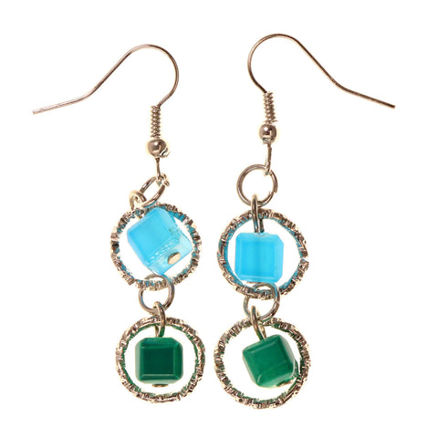 Silver-Tone & Blue Colored Metal Dangle-Earrings With Bead Accents #LQE2315