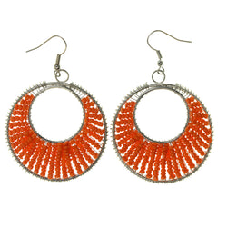 Orange & Silver-Tone Colored Metal Dangle-Earrings With Bead Accents #LQE2332