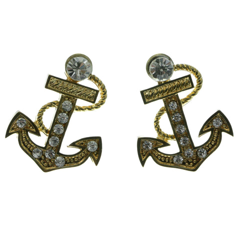 Gold-Tone Metal Anchor Stud-Earrings With Crystal Accents