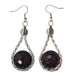 Silver-Tone & Purple Colored Metal Dangle-Earrings With Crystal Accents #LQE2347