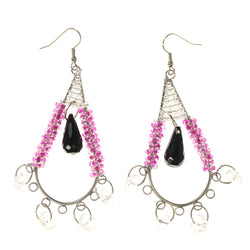 Clear & Purple Colored Metal Dangle-Earrings With Bead Accents #LQE2363