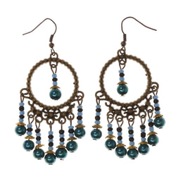 Blue & Gold-Tone Colored Metal Dangle-Earrings With Bead Accents #LQE2375