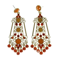 Orange & Gold-Tone Colored Metal Dangle-Earrings With Crystal Accents #LQE2382