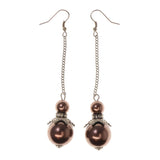Brown & Silver-Tone Colored Metal Dangle-Earrings With Bead Accents #LQE2385
