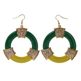 Green & Gold-Tone Colored Metal Dangle-Earrings With Crystal Accents #LQE2403