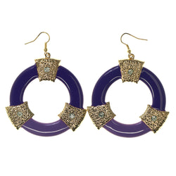 Purple & Gold-Tone Colored Metal Dangle-Earrings With Crystal Accents #LQE2404
