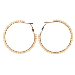 Gold-Tone & White Colored Metal Hoop-Earrings With Bead Accents #LQE2409