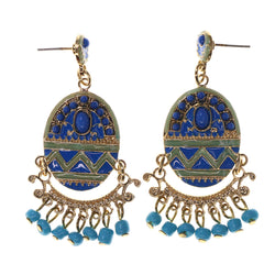 Gold-Tone & Blue Colored Metal Drop-Dangle-Earrings With Bead Accents #LQE2437