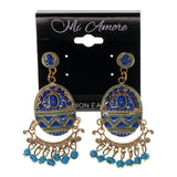 Gold-Tone & Blue Colored Metal Drop-Dangle-Earrings With Bead Accents #LQE2437