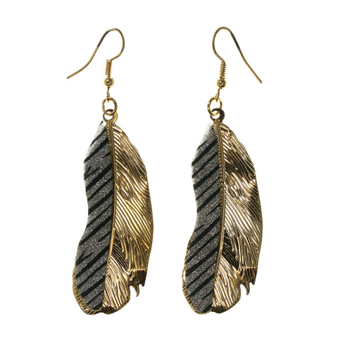 Feather Zebra Print Glitter Dangle-Earrings Gold-Tone & Silver-Tone