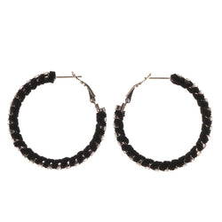 Black & Silver-Tone Colored Metal Hoop-Earrings With Crystal Accents #LQE2450