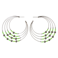 Silver-Tone & Green Colored Metal Dangle-Earrings With Bead Accents #LQE2458