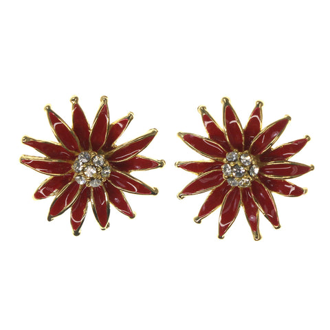 Flower Stud-Earrings With Crystal Accents Red & Gold-Tone Colored #LQE2486