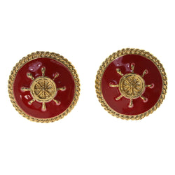Ship Wheel Stud-Earrings Red & Gold-Tone Colored #LQE2489