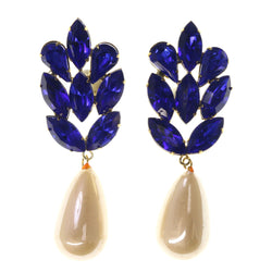 Blue & White Colored Metal Drop-Dangle-Earrings With Crystal Accents #LQE2491