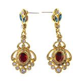 Gold-Tone & Red Colored Metal Drop-Dangle-Earrings With Crystal Accents #LQE2494