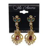 Gold-Tone & Red Colored Metal Drop-Dangle-Earrings With Crystal Accents #LQE2494