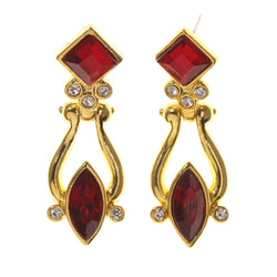 Gold-Tone & Red Colored Metal Drop-Dangle-Earrings With Crystal Accents #LQE2496