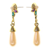 Gold-Tone & White Colored Metal Drop-Dangle-Earrings With Bead Accents #LQE2497