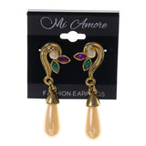 Gold-Tone & White Colored Metal Drop-Dangle-Earrings With Bead Accents #LQE2497