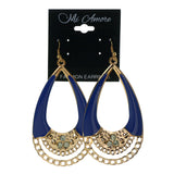 Gold-Tone & Blue Colored Metal Dangle-Earrings With Crystal Accents #LQE2501