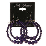 Purple & Silver-Tone Colored Wooden Dangle-Earrings With Bead Accents #LQE2534