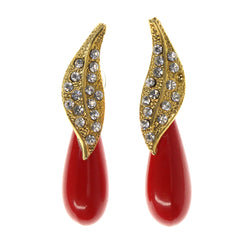 Red & Gold-Tone Colored Metal Drop-Dangle-Earrings With Crystal Accents #LQE2562