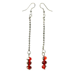 Silver-Tone & Red Colored Metal Dangle-Earrings With Rhinstone Accents #LQE2577