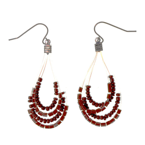 Brown & Silver-Tone Colored Acrylic Dangle-Earrings With Bead Accents #LQE2627