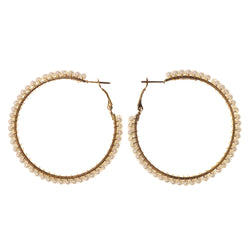 Gold-Tone & White Colored Metal Hoop-Earrings With Bead Accents #LQE2634