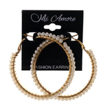 Gold-Tone & White Colored Metal Hoop-Earrings With Bead Accents #LQE2634