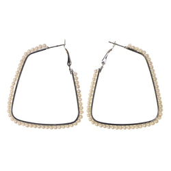 Silver-Tone & White Colored Metal Hoop-Earrings With Bead Accents #LQE2637
