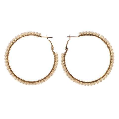 Gold-Tone & White Colored Metal Hoop-Earrings With Bead Accents #LQE2695