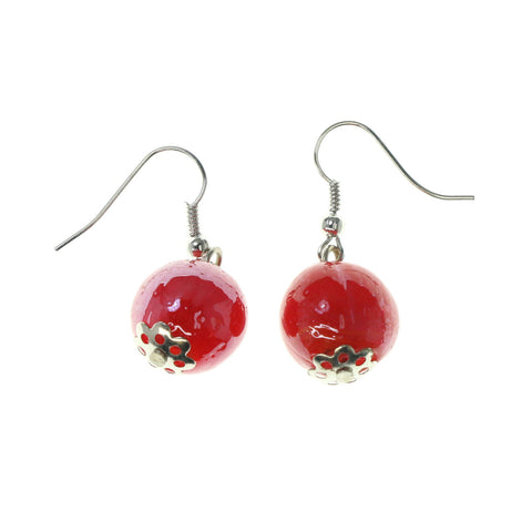 Red & Silver-Tone Colored Acrylic Dangle-Earrings With Bead Accents #LQE2709