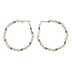 Silver-Tone & White Colored Metal Hoop-Earrings With Bead Accents #LQE2717