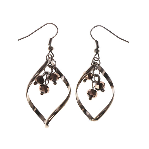 Silver-Tone & Brown Colored Metal Dangle-Earrings With Bead Accents #LQE2730