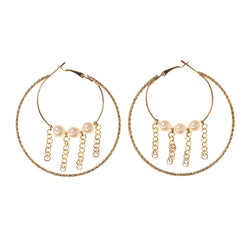Gold-Tone & White Colored Metal Hoop-Earrings With Bead Accents #LQE2746