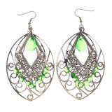 Silver-Tone & Green Colored Metal Dangle-Earrings With Bead Accents #LQE2778