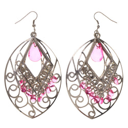 Silver-Tone & Pink Colored Metal Dangle-Earrings With Bead Accents #LQE2878