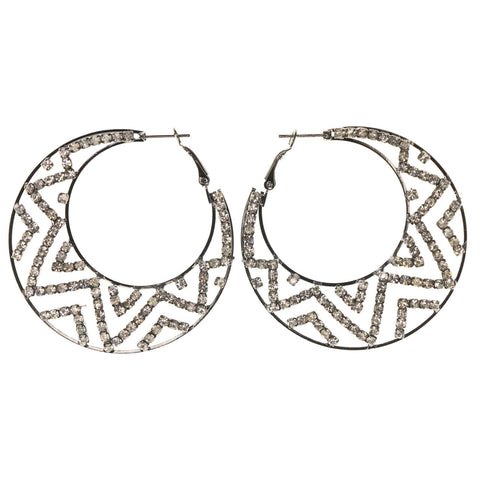 Silver-Tone & Black Colored Metal Hoop-Earrings With Crystal Accents #LQE2895