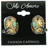 Gold-Tone & Blue Colored Metal Stud-Earrings With Crystal Accents #LQE304