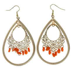 Gold-Tone & Orange Colored Metal Dangle-Earrings With Bead Accents #LQE3051