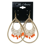 Gold-Tone & Orange Colored Metal Dangle-Earrings With Bead Accents #LQE3051