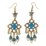 Gold-Tone & Blue Colored Metal Dangle-Earrings With Stone Accents #LQE3054