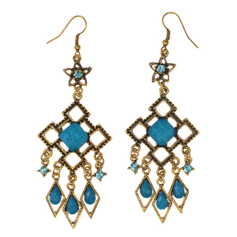 Gold-Tone & Blue Colored Metal Dangle-Earrings With Stone Accents #LQE3054