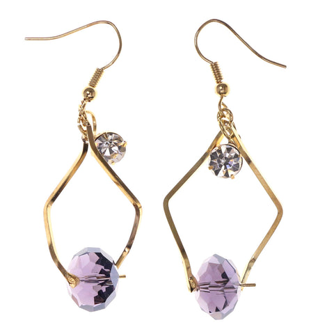Gold-Tone & Purple Colored Metal Dangle-Earrings With Crystal Accents #LQE3064
