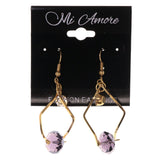 Gold-Tone & Purple Colored Metal Dangle-Earrings With Crystal Accents #LQE3064