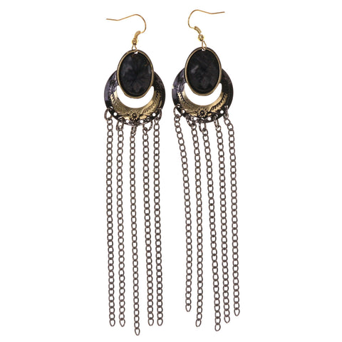 Black & Gold-Tone Colored Metal Dangle-Earrings With Stone Accents #LQE3067