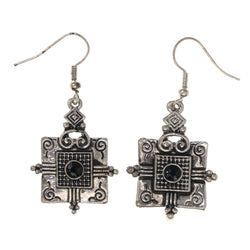 Silver-Tone & Black Colored Metal Dangle-Earrings With Crystal Accents #LQE3076